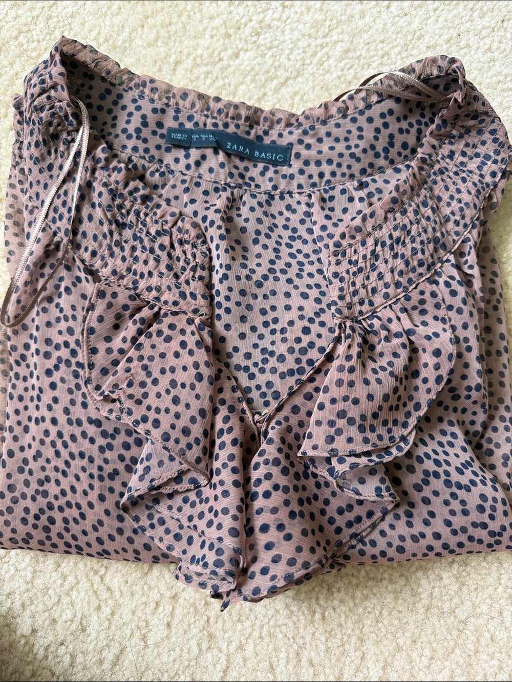 Zara !!! Blouse with Navy Polka Dots and Ruffle Detail size S 100% poly
